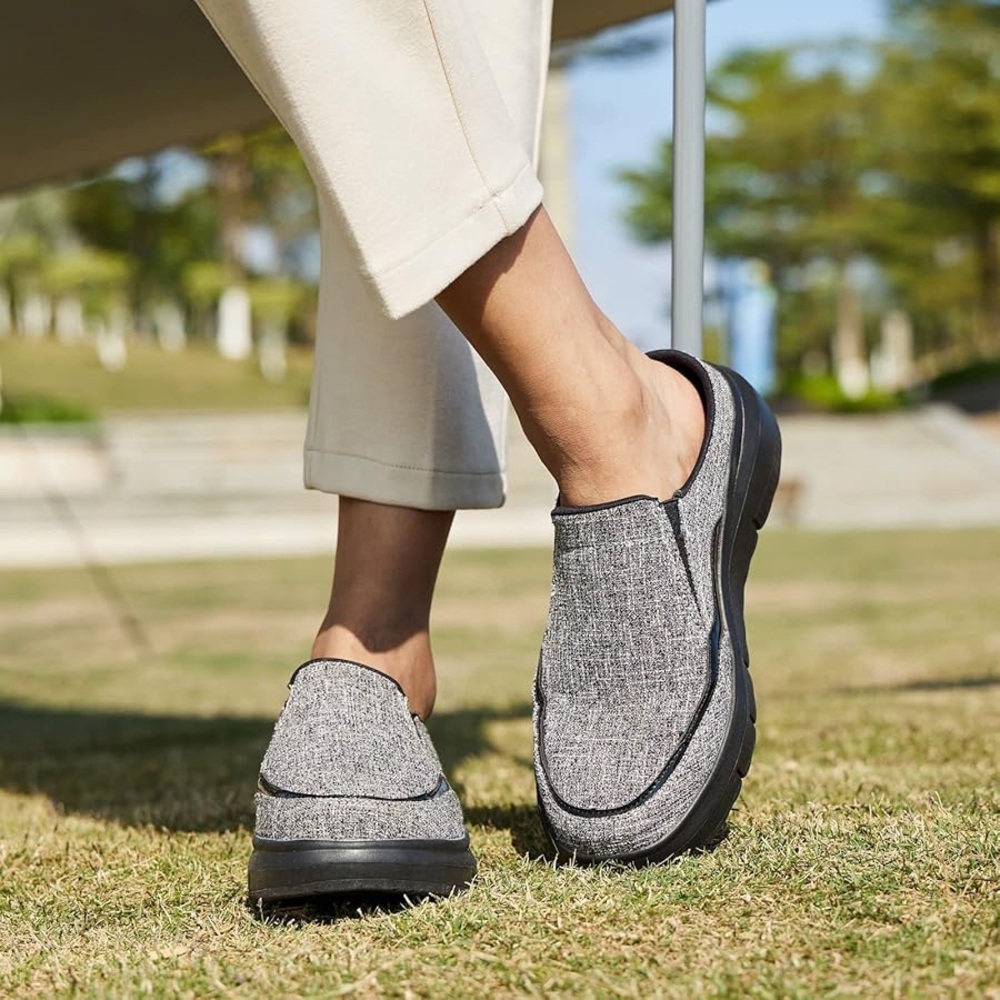 OrthoComfoot women's orthopedic slip-on mule clogs in a gray fabric 38